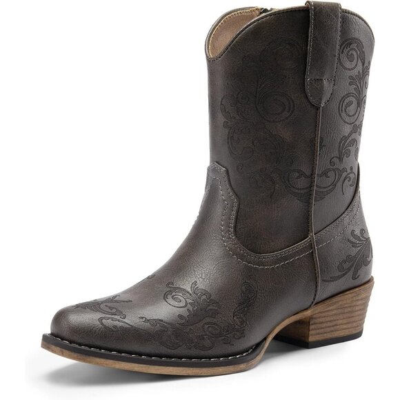 🆕Women Grey Faux Leather Cowboy Cowgirl Ankle Boots Low Chunky Heels Square Toe - Picture 1 of 7